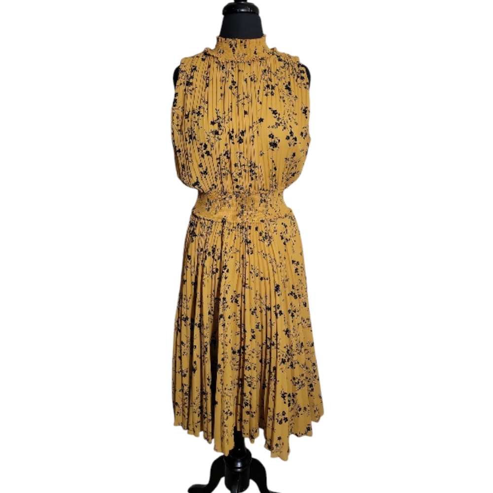 Nanette Lepore floral pleated smocked fit flare midi dress yellow black size 10